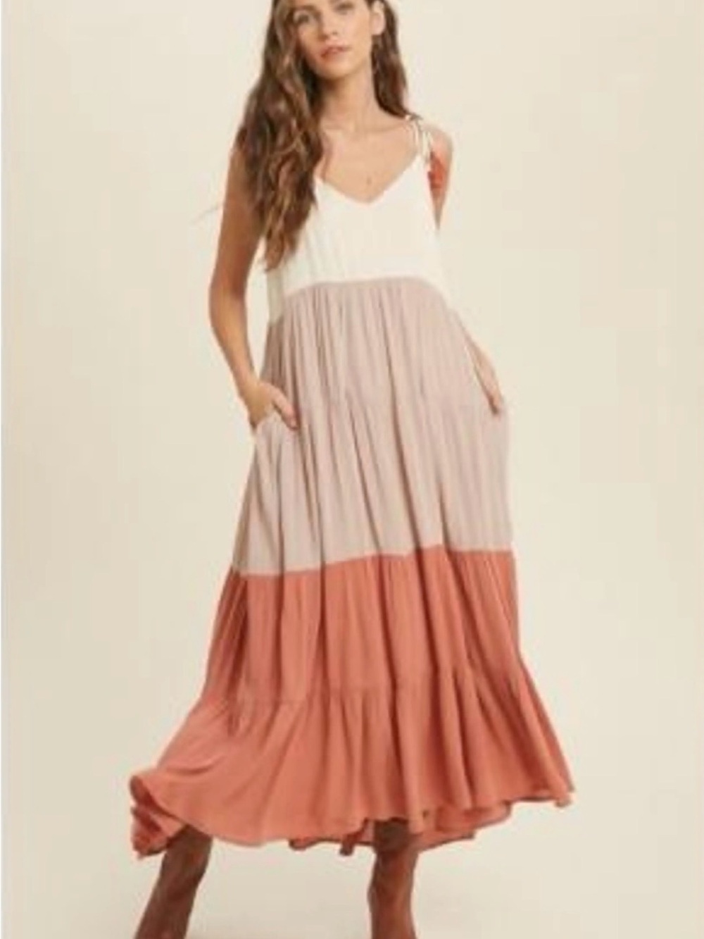 Wishlist Tiered Spaghetti-Strap Maxi‎ Sundress Cream, Taupe & Rust Size Small